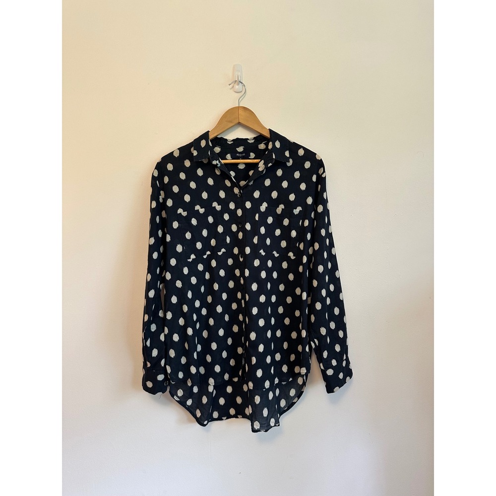 Madewell Navy Blue and White Polka Dot Ikat Button Down Cotton Shirt | Medium